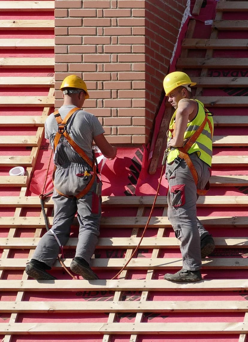 Two construction workers on a rooftop working with chimney bricks.