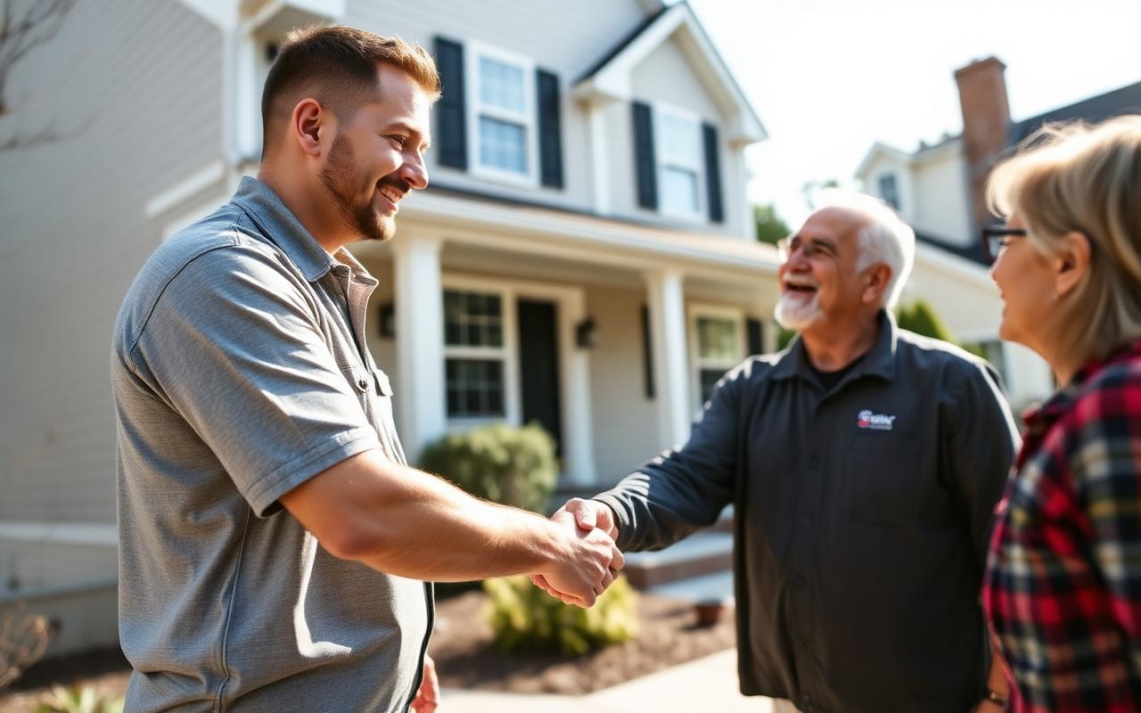 Quality Roof Pros contractor in branded shirt reviewing a written estimate with a Toms River homeowner outside their shingled home
