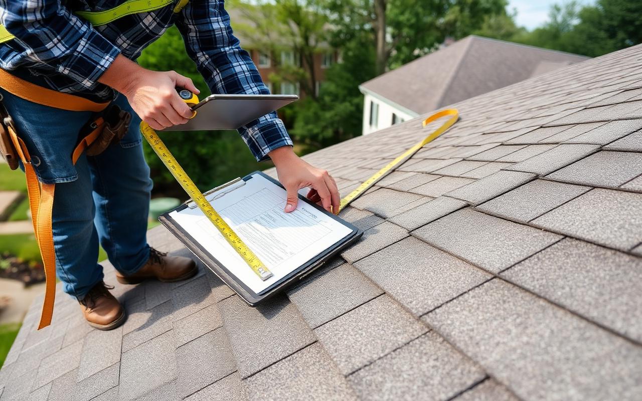 Roofer using a tape measure on an asphalt-shingle slope to calculate roof square footage for an estimate