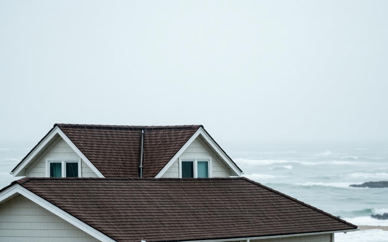 Snow, ice, and wind battering a coastal New Jersey shingle roof, showing how Shore weather accelerates wear