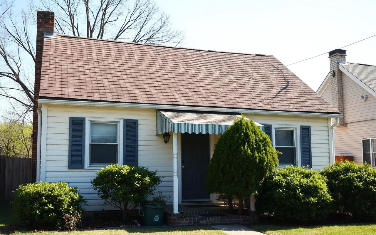 Senior homeowner reviewing roof replacement grant paperwork on the front porch of a single-story New Jersey home