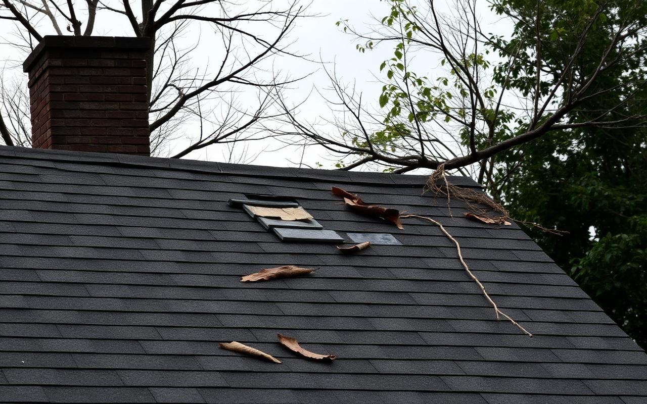 Lifted shingles and scattered storm debris on a Brick Township roof after a nor'easter passes through